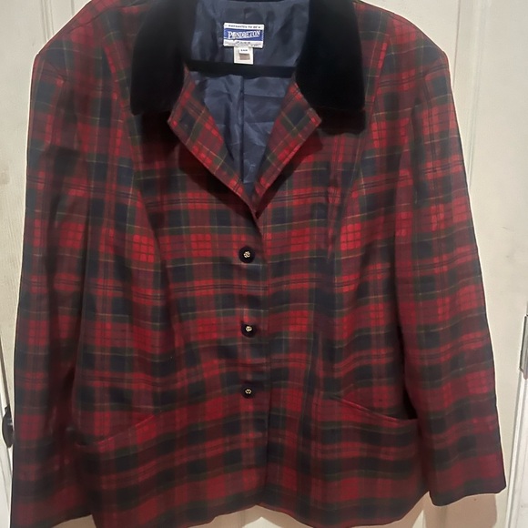Vintage Pendleton Red Blue Tartan Plaid Wool Blazer Velvet Collar Sz 24W - Picture 2 of 4